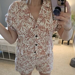 Tropical Co-ord Set, Burnt Orange and White, V-neck Button Down w/ High waisted